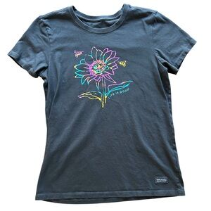 Life is Good Women’s Crusher Tee in dark charcoal gray with Floral Design